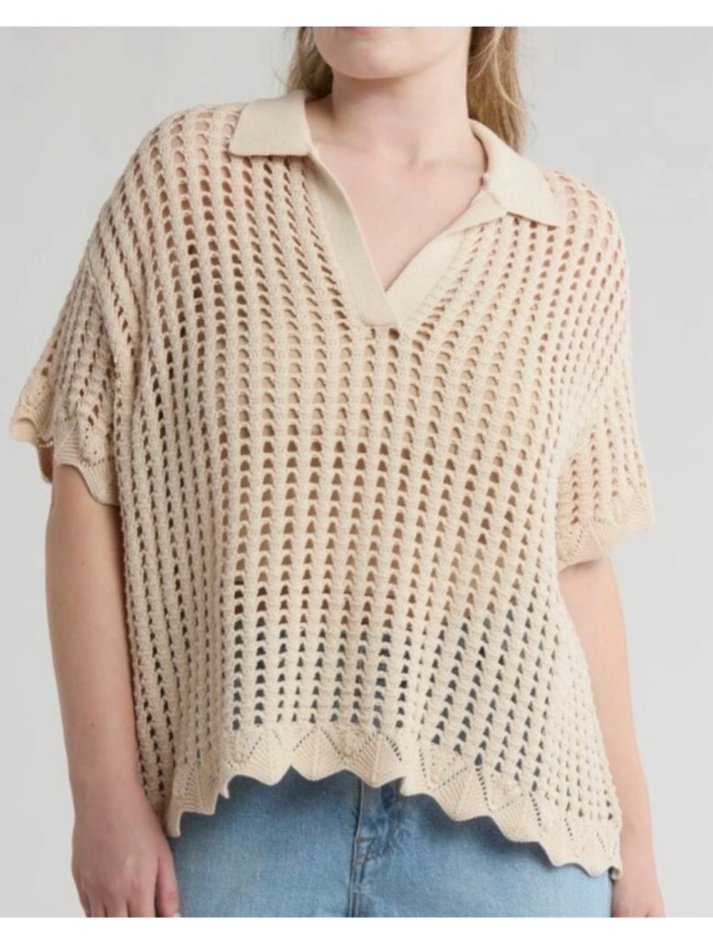 DR2 by Daniel Rainn Pointelle Knit Polo Sweater in Natural Beige